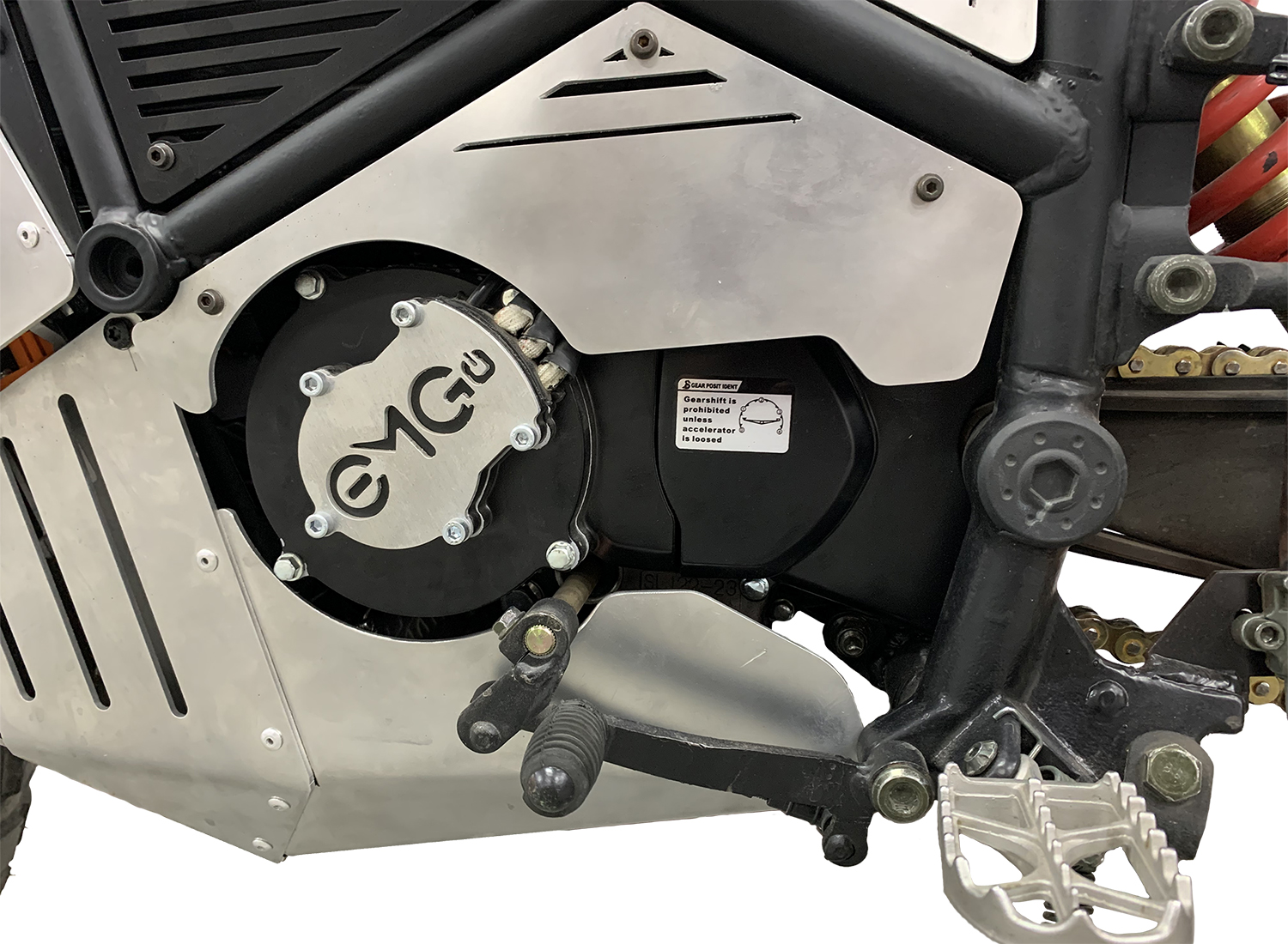 A view of the battery and motor area on the ScrAmper - an electric motorcycle from Ukranian brand EMGo, capable of using an electric car charger